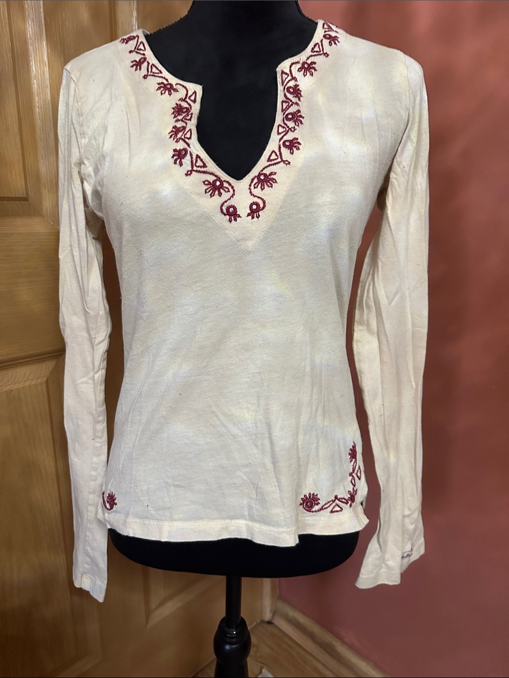 Hollister Cream Long-Sleeve Top with Red Embroidery